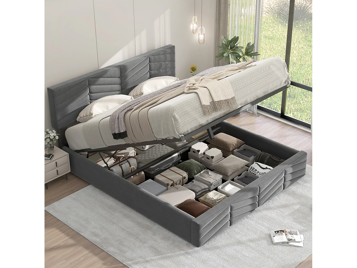 Bed met opbergruimte 140x200 cm - grijze fluwelen stof - volwassen bed met in hoogte verstelbaar hoofdbord - zonder matras