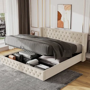 Bed met opbergruimte 180×200 cm – beige fluweel – tweepersoonsbed met gestoffeerd hoofdbord en lattenbodem – zonder matras Bed met opbergruimte 180×200 cm – beige fluweel – tweepersoonsbed met gestoffeerd hoofdbord en lattenbodem – zonder matras