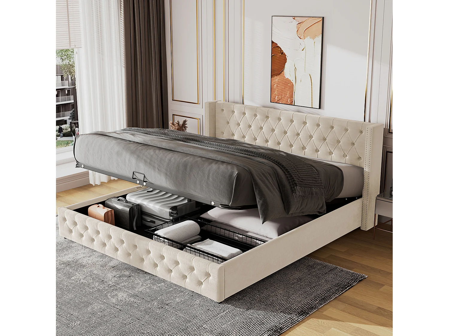 Bed met opbergruimte 180x200 cm - beige fluweel - tweepersoonsbed met gestoffeerd hoofdbord en lattenbodem - zonder matras