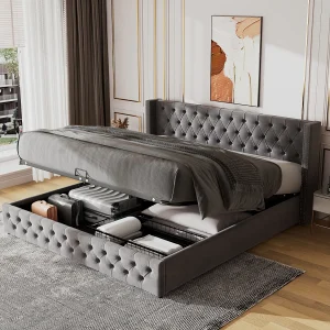 Bed met opbergruimte 180×200 cm – grijs fluweel – tweepersoonsbed met gestoffeerd hoofdbord en lattenbodem – zonder matras Bed met opbergruimte 180×200 cm – grijs fluweel – tweepersoonsbed met gestoffeerd hoofdbord en lattenbodem – zonder matras