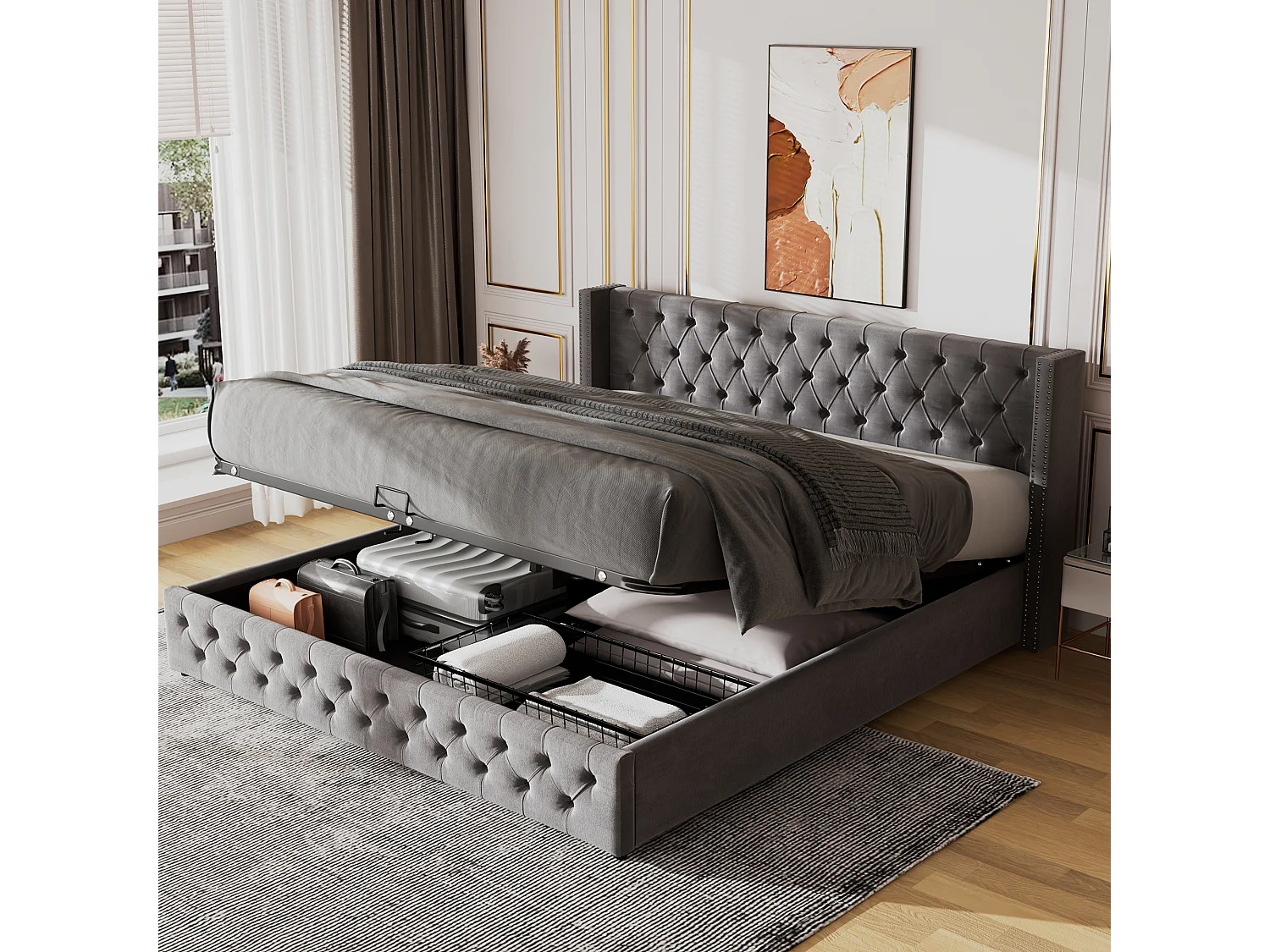 Bed met opbergruimte 180x200 cm - grijs fluweel - tweepersoonsbed met gestoffeerd hoofdbord en lattenbodem - zonder matras