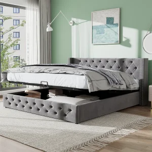 Bed met opbergruimte 140×190 cm – grijs fluweel – volwassen bed met gewatteerd hoofdbord en lattenbodem – zonder matras Bed met opbergruimte 140×190 cm – grijs fluweel – volwassen bed met gewatteerd hoofdbord en lattenbodem – zonder matras