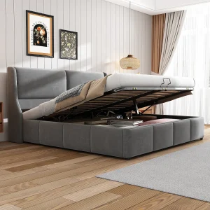 Bed met opbergruimte 180×200 cm – Grijs fluweel – Tweepersoonsbed met gewatteerd hoofdbord en hydraulische lattenbodem met stangen – zonder matras Bed met opbergruimte 180×200 cm – Grijs fluweel – Tweepersoonsbed met gewatteerd hoofdbord en hydraulische lattenbodem met stangen – zonder matras