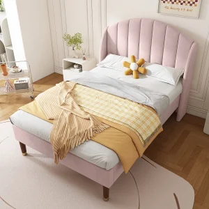 Bed 90×200 cm – roze fluweel – eenpersoonsbed met lattenbodem en gewatteerd hoofdbord – zonder matras