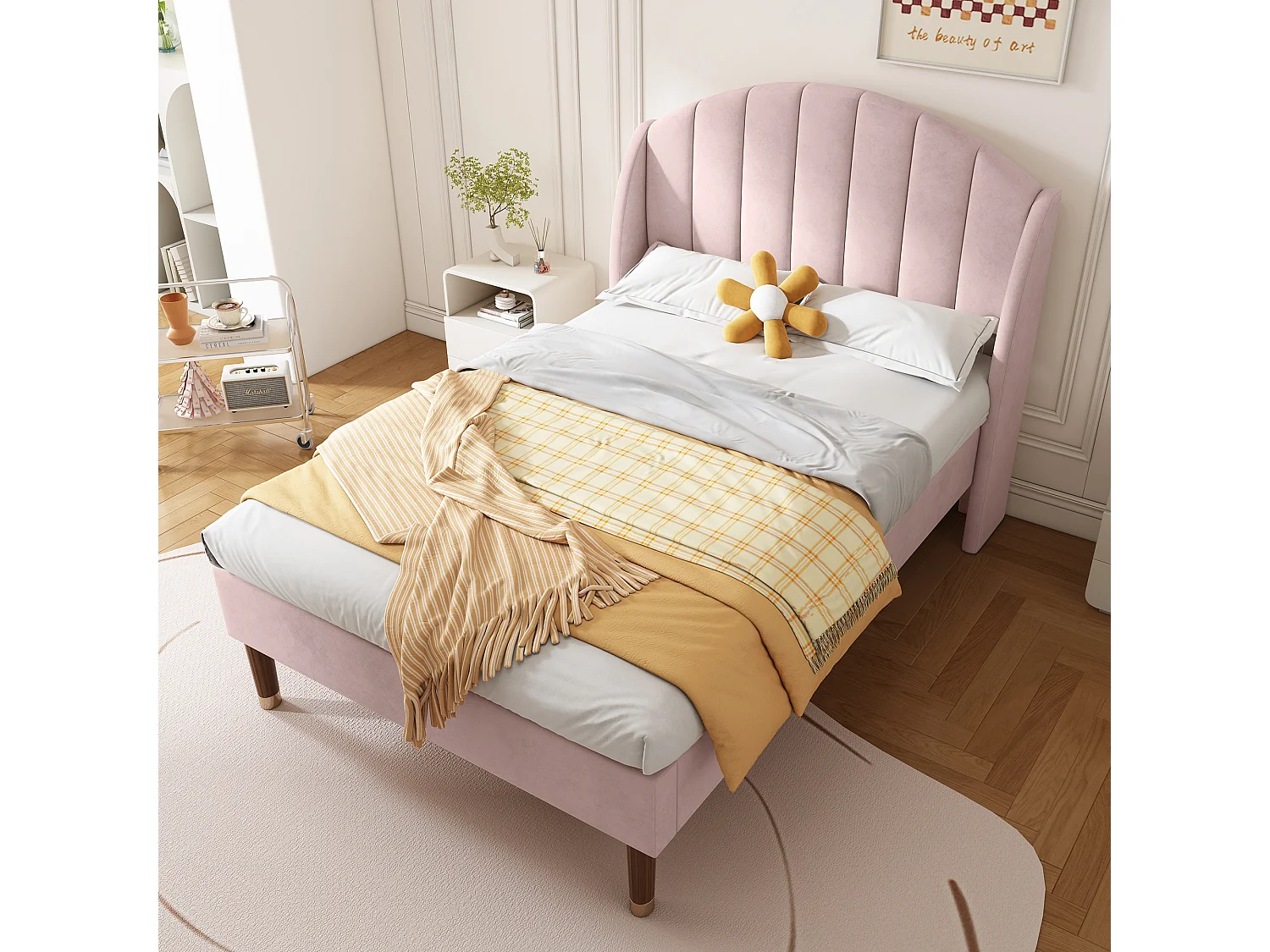 Bed 90x200 cm - roze fluweel - eenpersoonsbed met lattenbodem en gewatteerd hoofdbord - zonder matras