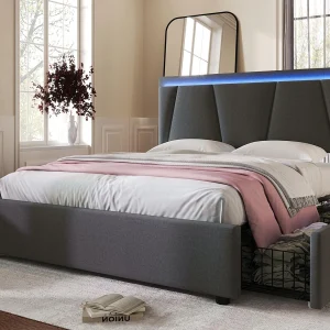 Gestoffeerd bed 160x200cm in linnen – met 2 lades + LED + lattenbodem – Grijs Gestoffeerd bed 160x200cm in linnen – met 2 lades + LED + lattenbodem – Grijs