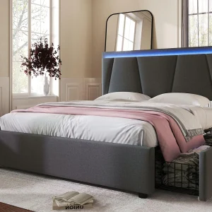 Gestoffeerd bed 140x200cm in linnen – met 2 lades + LED + lattenbodem – Grijs Gestoffeerd bed 140x200cm in linnen – met 2 lades + LED + lattenbodem – Grijs
