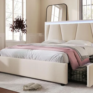 Gestoffeerd bed 160x200cm in linnen – met 2 lades + LED + lattenbodem – Beige Gestoffeerd bed 160x200cm in linnen – met 2 lades + LED + lattenbodem – Beige