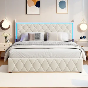 Beige Velvet Dubbel Opbergbed 140×190 cm met LED-verlichting en USB-opladen – Volwassene Beige Velvet Dubbel Opbergbed 140×190 cm met LED-verlichting en USB-opladen – Volwassene