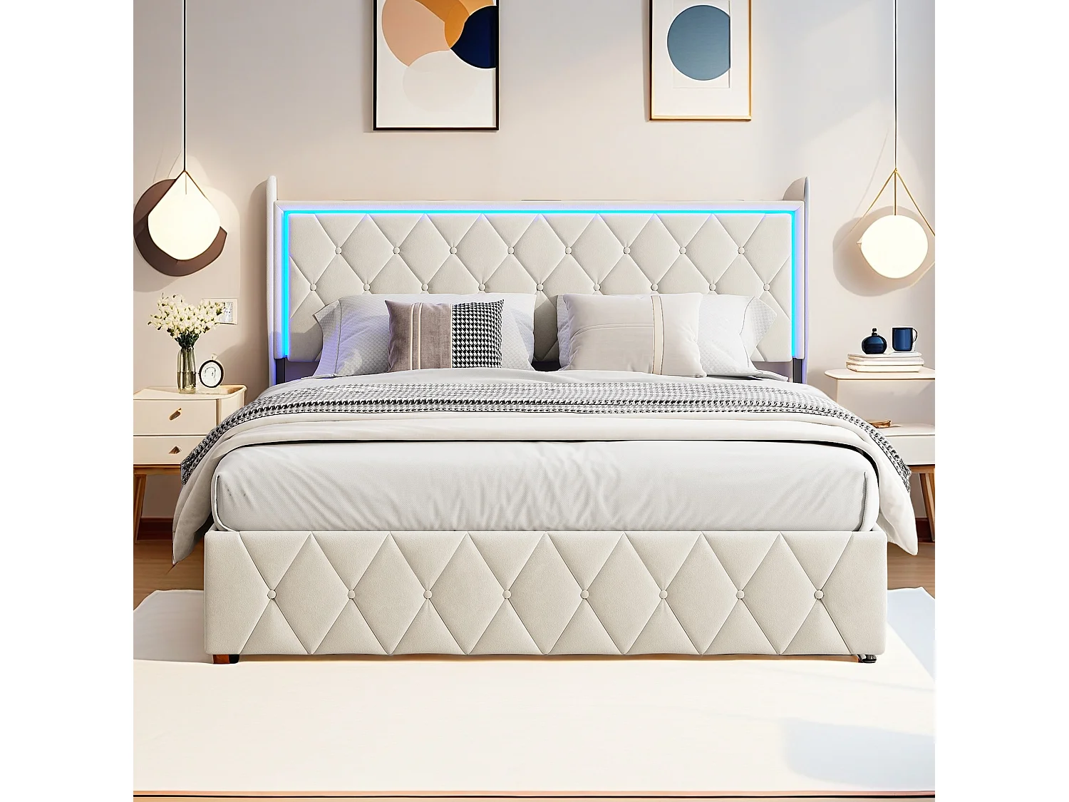 Beige Velvet Dubbel Opbergbed 140x190 cm met LED-verlichting en USB-opladen - Volwassene