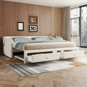 Bedbank 90×200 cm, beige linnen, onderschuifbed met 2 lades en lattenbodem, zonder matras Bedbank 90×200 cm, beige linnen, onderschuifbed met 2 lades en lattenbodem, zonder matras