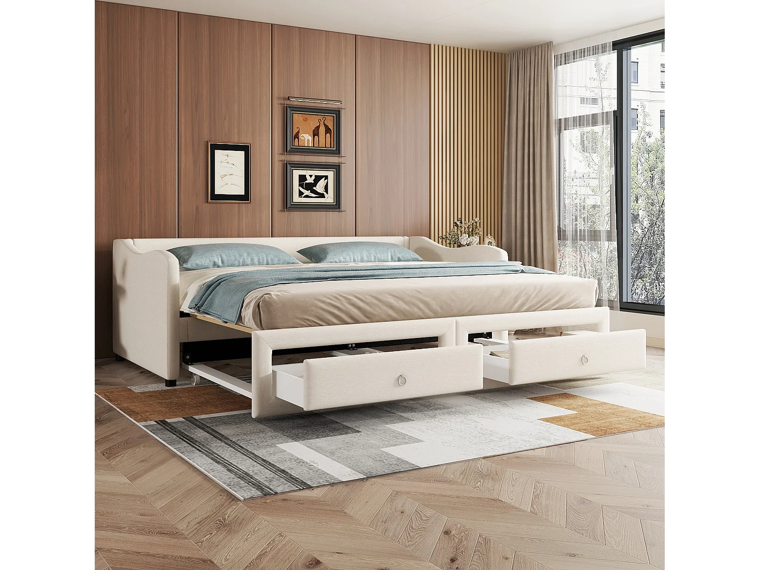 Bedbank 90x200 cm, beige linnen, onderschuifbed met 2 lades en lattenbodem, zonder matras
