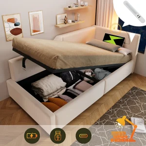 Bed met opbergruimte 90×190 cm, beige fluweel, slaapbank met leeslampje en USB-oplaadfunctie, zonder matras Bed met opbergruimte 90×190 cm, beige fluweel, slaapbank met leeslampje en USB-oplaadfunctie, zonder matras