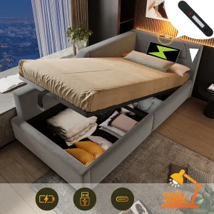 Bed met opbergruimte 90×190 cm, grijs fluweel, slaapbank met leeslampje en USB-oplaadfunctie, zonder matras Bed met opbergruimte 90×190 cm, grijs fluweel, slaapbank met leeslampje en USB-oplaadfunctie, zonder matras