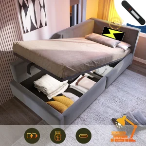 Bed met opbergruimte 90×200 cm, grijs fluweel, slaapbank met leeslampje en USB-oplaadfunctie, zonder matras Bed met opbergruimte 90×200 cm, grijs fluweel, slaapbank met leeslampje en USB-oplaadfunctie, zonder matras