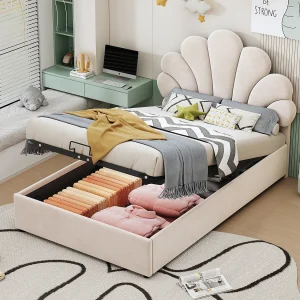 Bed met opbergruimte 90×200 cm – beige fluweel – kinderbed met verstelbaar hoofdbord en lattenbodem – zonder matras Bed met opbergruimte 90×200 cm – beige fluweel – kinderbed met verstelbaar hoofdbord en lattenbodem – zonder matras
