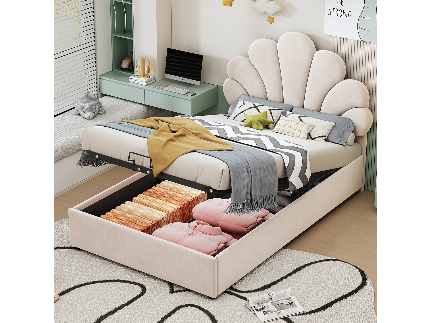 Bed met opbergruimte 90x200 cm - beige fluweel - kinderbed met verstelbaar hoofdbord en lattenbodem - zonder matras