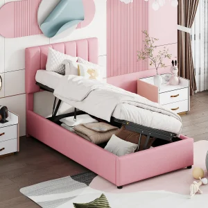 Bed met opbergruimte 90 x 200 cm – Roze linnen – Kinderbed met in hoogte verstelbaar hoofdeinde – houten lattenbodem – zonder matras Bed met opbergruimte 90 x 200 cm – Roze linnen – Kinderbed met in hoogte verstelbaar hoofdeinde – houten lattenbodem – zonder matras