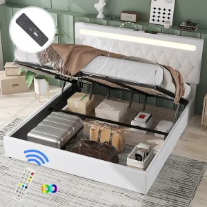 Bed met opbergruimte 180×200 cm – Wit linnen – Tweepersoonsbed met ledverlichting en USB-oplader – zonder bodem Bed met opbergruimte 180×200 cm – Wit linnen – Tweepersoonsbed met ledverlichting en USB-oplader – zonder bodem