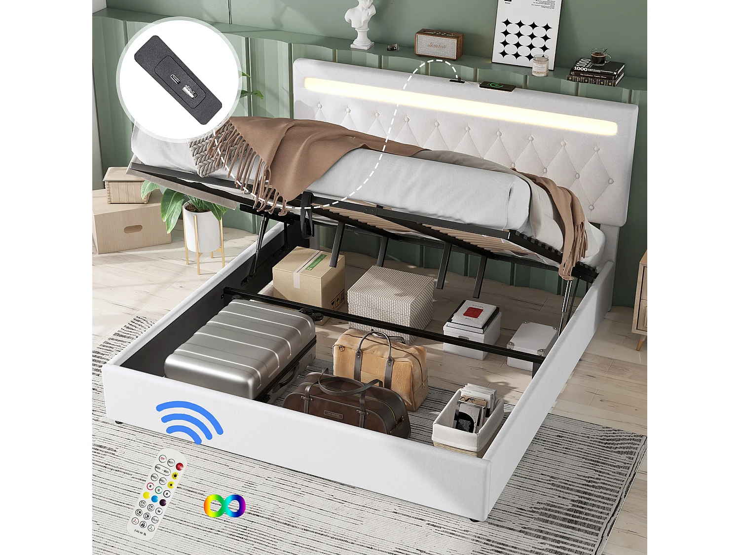 Bed met opbergruimte 180x200 cm - Wit linnen - Tweepersoonsbed met ledverlichting en USB-oplader - zonder bodem