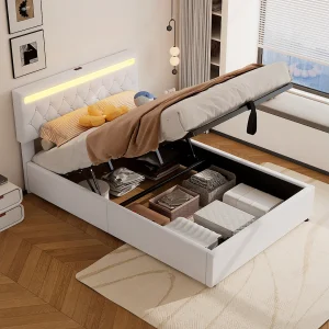 Bed met opbergruimte 140×200 cm – Wit linnen – Tienerbed met ledverlichting en USB-oplader – zonder bodem Bed met opbergruimte 140×200 cm – Wit linnen – Tienerbed met ledverlichting en USB-oplader – zonder bodem