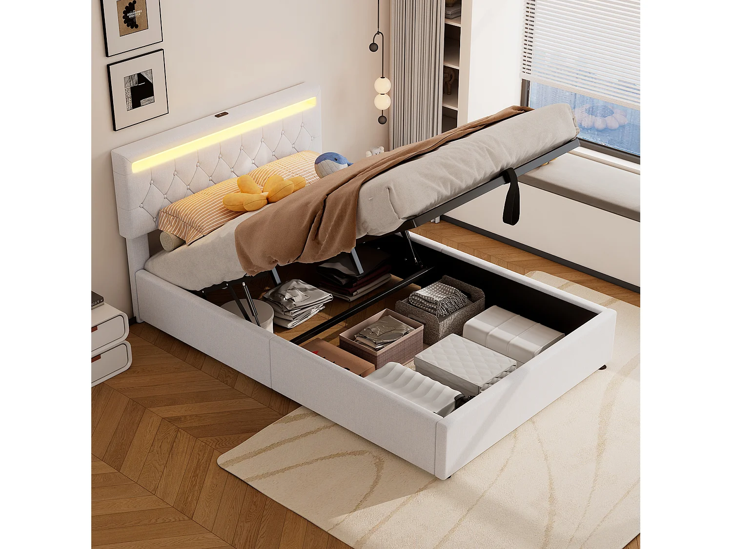 Bed met opbergruimte 140x200 cm - Wit linnen - Tienerbed met ledverlichting en USB-oplader - zonder bodem