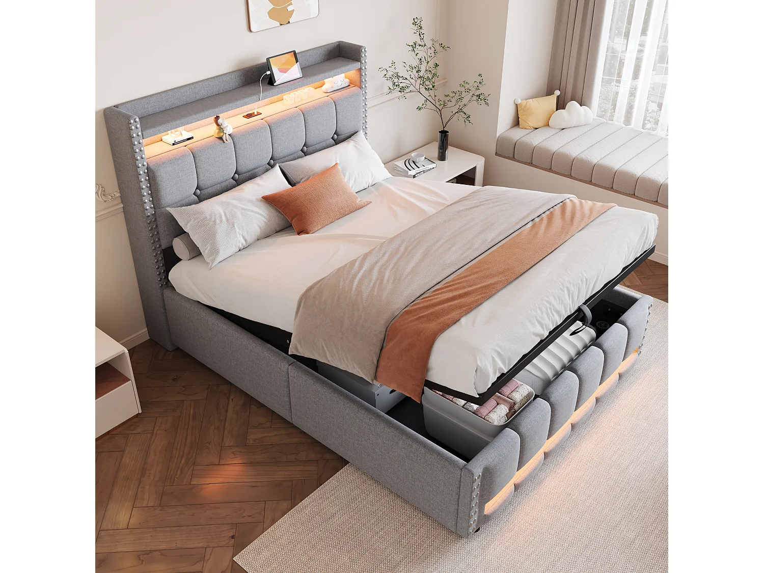 Bed met opbergruimte 140 x 200 cm - Lichtgrijs linnen - Bed met ledverlichting en USB-aansluitingen - zonder matras