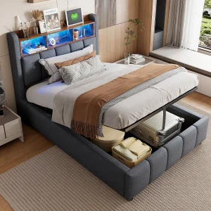 Bed met opbergruimte 90×200 cm – linnengrijs – kinderbed met ledverlichting en USB-oplader – zonder matras Bed met opbergruimte 90×200 cm – linnengrijs – kinderbed met ledverlichting en USB-oplader – zonder matras