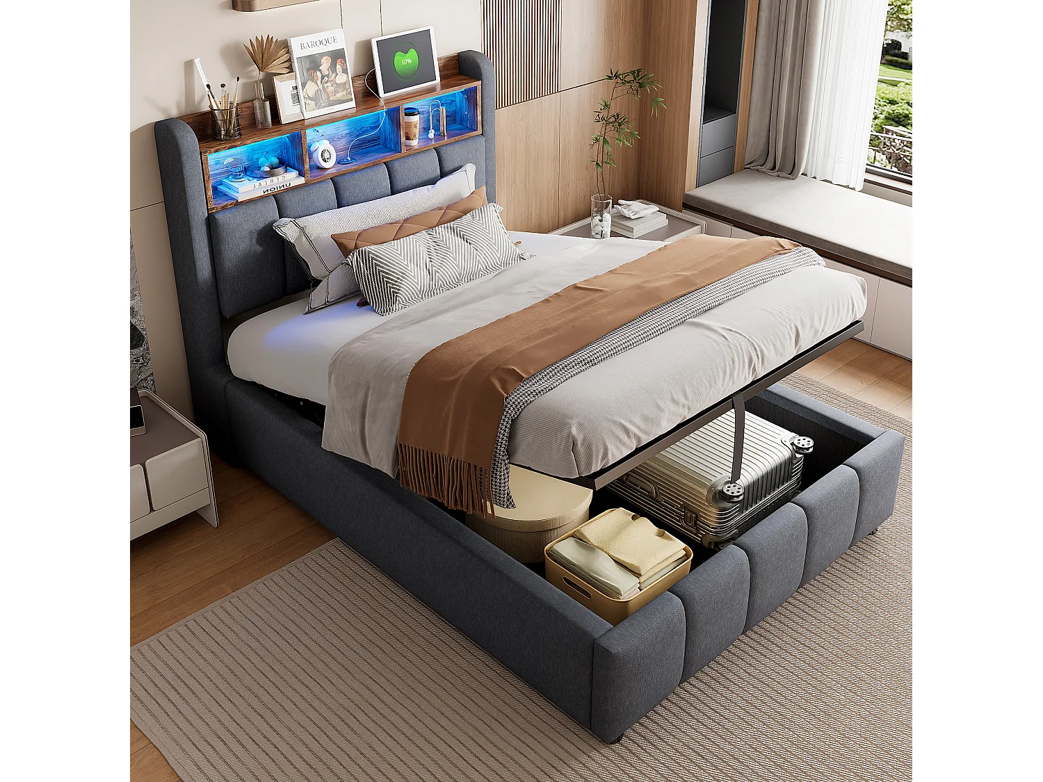 Bed met opbergruimte 90x200 cm - linnengrijs - kinderbed met ledverlichting en USB-oplader - zonder matras