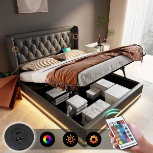 Bed met opbergruimte 180×200 cm – zwart PU – tweepersoonsbed met USB-oplader en ledverlichting – zonder matras Bed met opbergruimte 180×200 cm – zwart PU – tweepersoonsbed met USB-oplader en ledverlichting – zonder matras