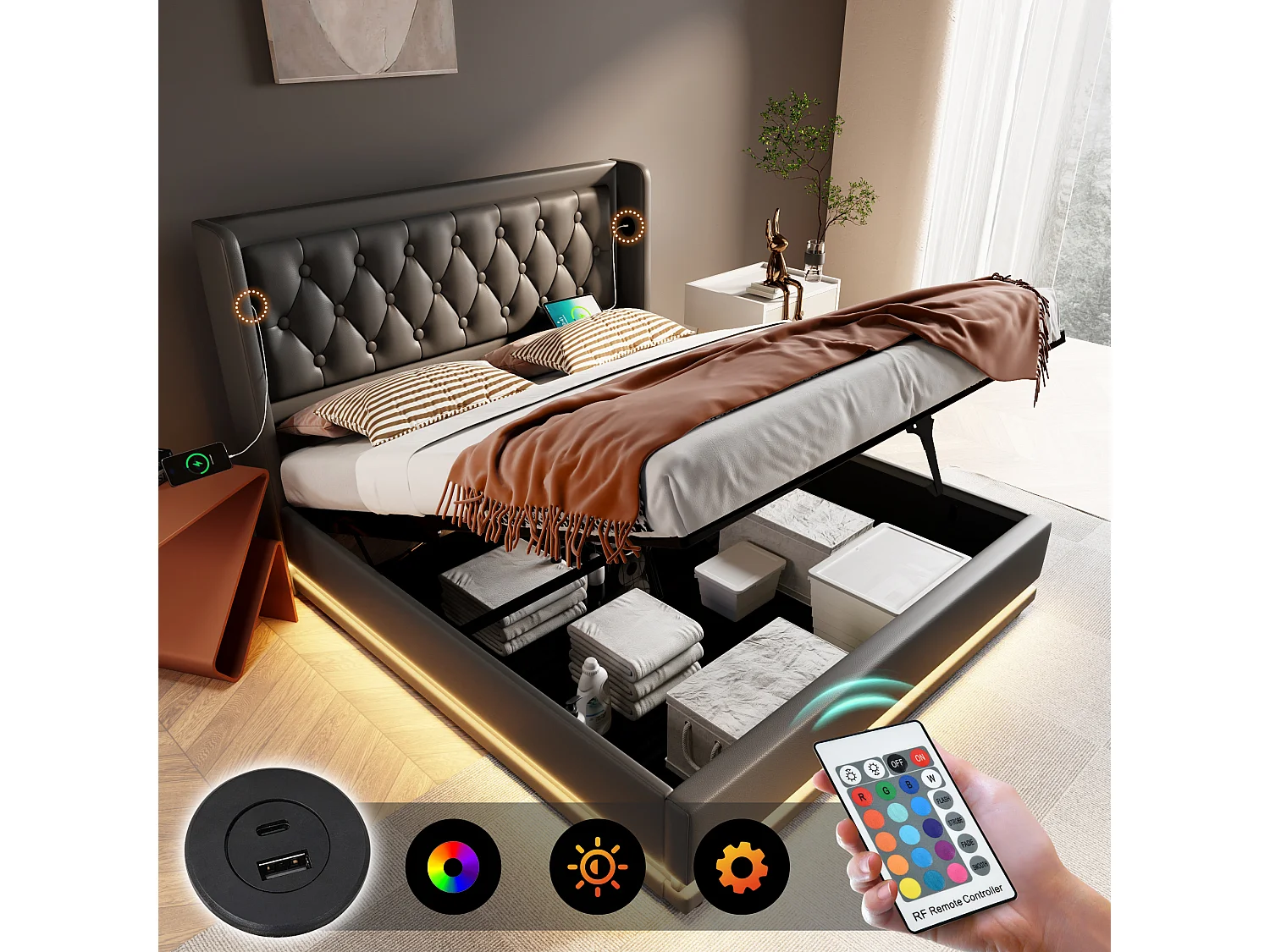 Bed met opbergruimte 180x200 cm - zwart PU - tweepersoonsbed met USB-oplader en ledverlichting - zonder matras