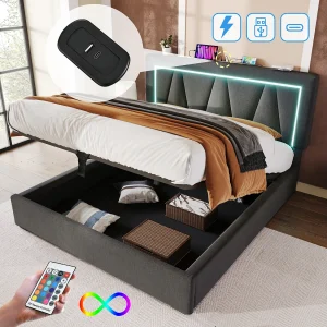 Bed met opbergruimte 140 x 200 cm – Grijs linnen – Tweepersoonsbed met USB-oplader en ledverlichting – Metalen frame – Matras niet inbegrepen Bed met opbergruimte 140 x 200 cm – Grijs linnen – Tweepersoonsbed met USB-oplader en ledverlichting – Metalen frame – Matras niet inbegrepen