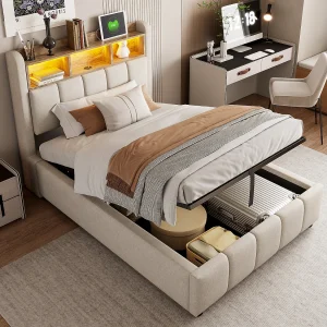 Bed met opbergruimte 90×200 cm – linnenbeige – kinderbed met ledverlichting en USB-oplader – zonder matras Bed met opbergruimte 90×200 cm – linnenbeige – kinderbed met ledverlichting en USB-oplader – zonder matras
