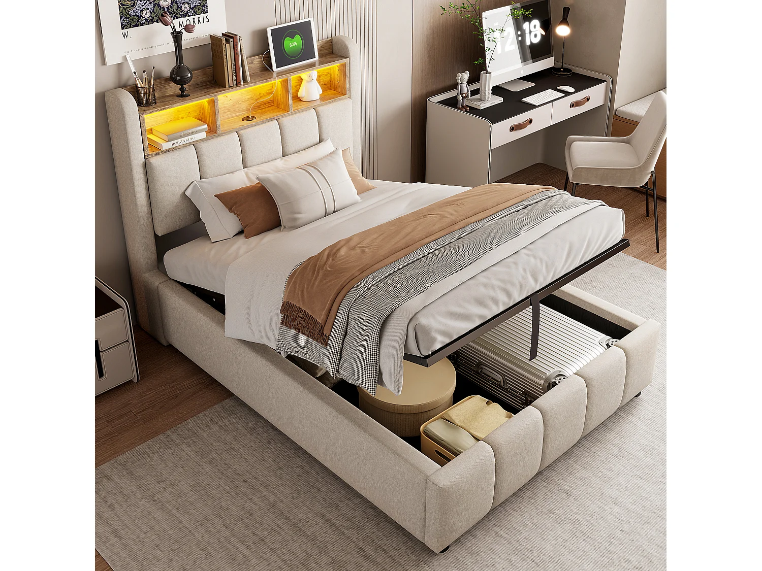 Bed met opbergruimte 90x200 cm - linnenbeige - kinderbed met ledverlichting en USB-oplader - zonder matras