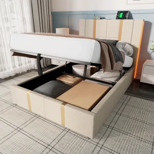 Bed met opbergruimte 90×200 cm – beige linnen – kinderbed met led-verlichting en USB-oplaadfunctie – zonder matras Bed met opbergruimte 90×200 cm – beige linnen – kinderbed met led-verlichting en USB-oplaadfunctie – zonder matras