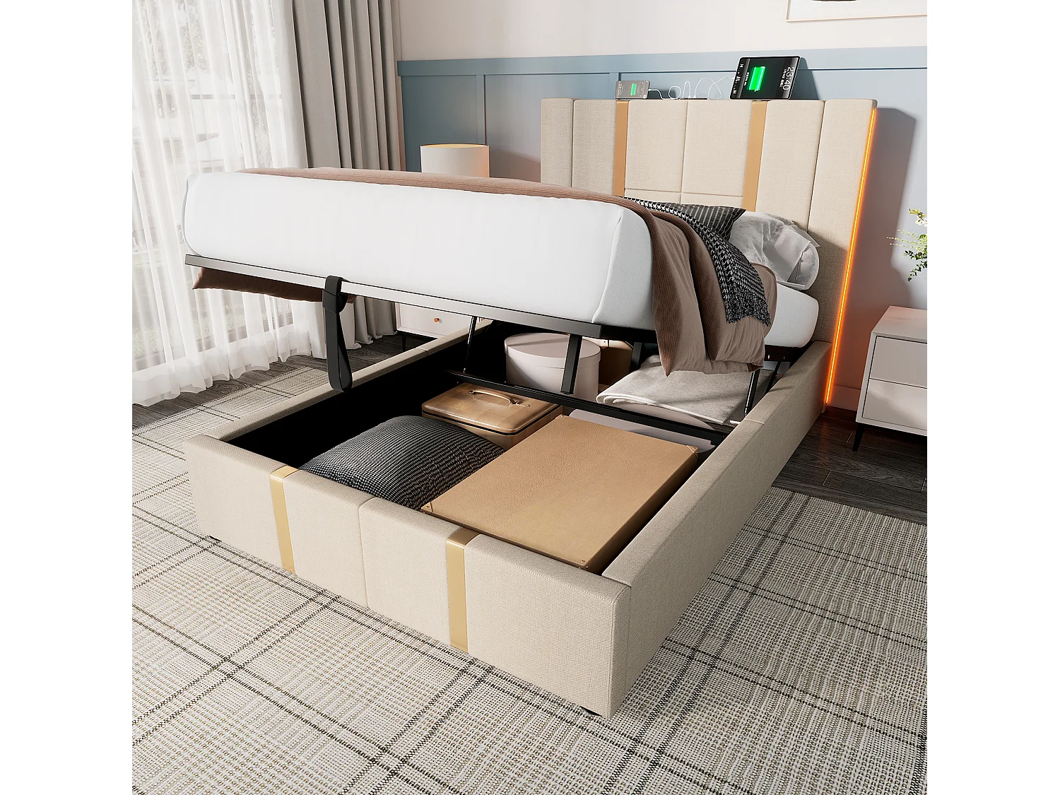 Bed met opbergruimte 90x200 cm - beige linnen - kinderbed met led-verlichting en USB-oplaadfunctie - zonder matras