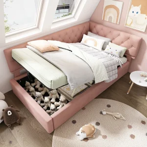 Bed met opbergruimte 90×200 cm – Fluwelen bed met houten lattenbodem – roze – zonder matras Bed met opbergruimte 90×200 cm – Fluwelen bed met houten lattenbodem – roze – zonder matras