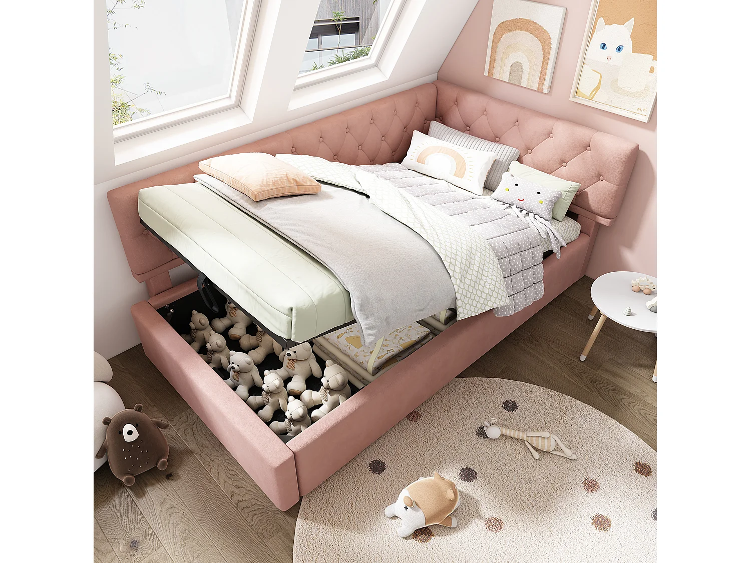 Bed met opbergruimte 90x200 cm - Fluwelen bed met houten lattenbodem - roze - zonder matras
