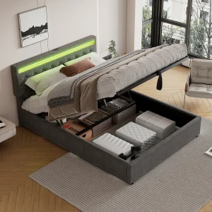 Bed met opbergruimte 160×200 cm – Grijs linnen – Volwassen bed met ledverlichting en USB-oplader – zonder bodem Bed met opbergruimte 160×200 cm – Grijs linnen – Volwassen bed met ledverlichting en USB-oplader – zonder bodem