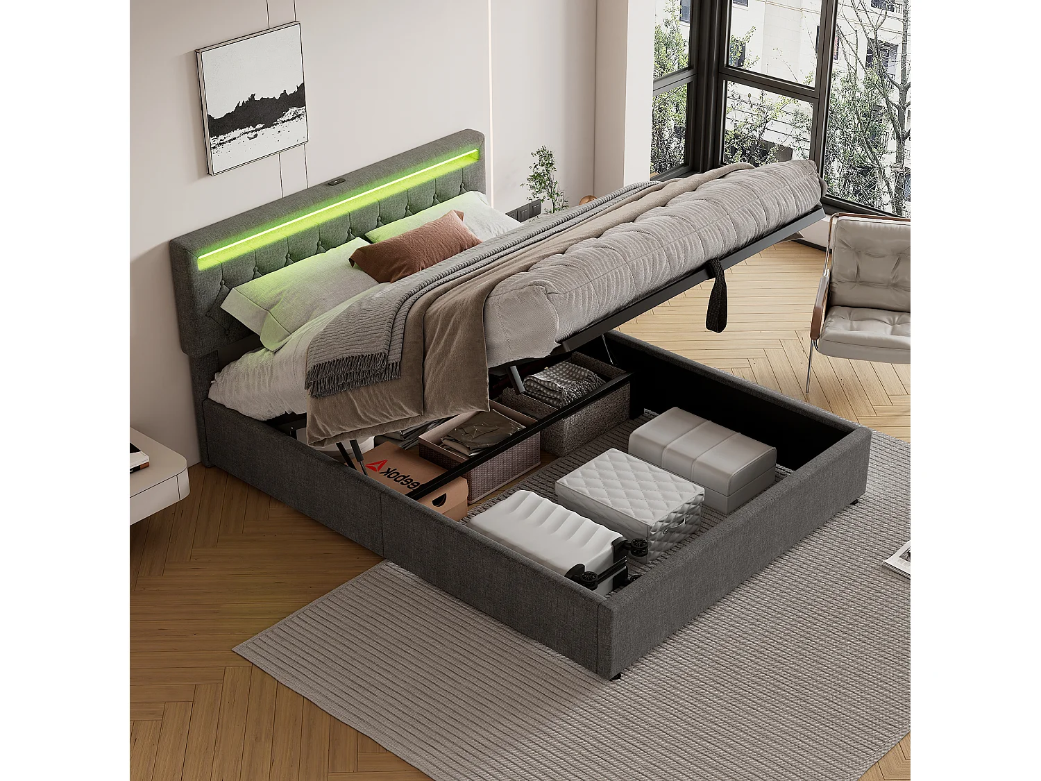 Bed met opbergruimte 160x200 cm - Grijs linnen - Volwassen bed met ledverlichting en USB-oplader - zonder bodem