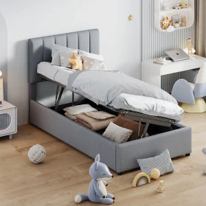 Bed met opbergruimte 90 x 200 cm – Grijs linnen – Kinderbed met in hoogte verstelbaar hoofdeinde – houten lattenbodem – zonder matras Bed met opbergruimte 90 x 200 cm – Grijs linnen – Kinderbed met in hoogte verstelbaar hoofdeinde – houten lattenbodem – zonder matras