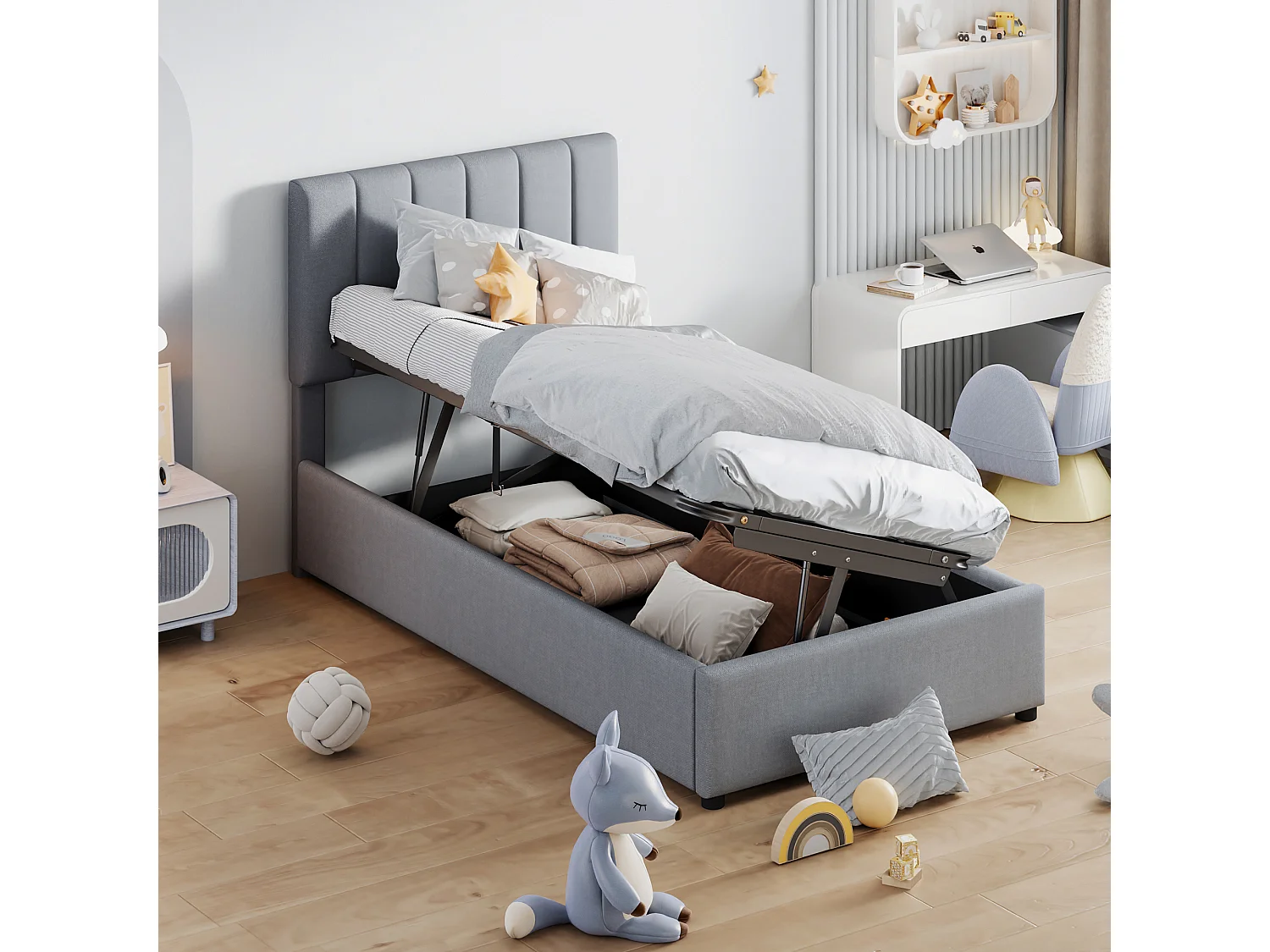 Bed met opbergruimte 90 x 200 cm - Grijs linnen - Kinderbed met in hoogte verstelbaar hoofdeinde - houten lattenbodem - zonder matras