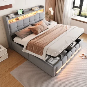 Bed met opbergruimte 160 x 200 cm – Lichtgrijs linnen – Tweepersoonsbed met ledverlichting en USB-aansluiting – zonder matras