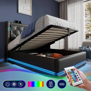 Bed met opbergruimte 90×200 cm – zwart PU – kinderbed met ledverlichting en USB-oplader – zonder matras Bed met opbergruimte 90×200 cm – zwart PU – kinderbed met ledverlichting en USB-oplader – zonder matras