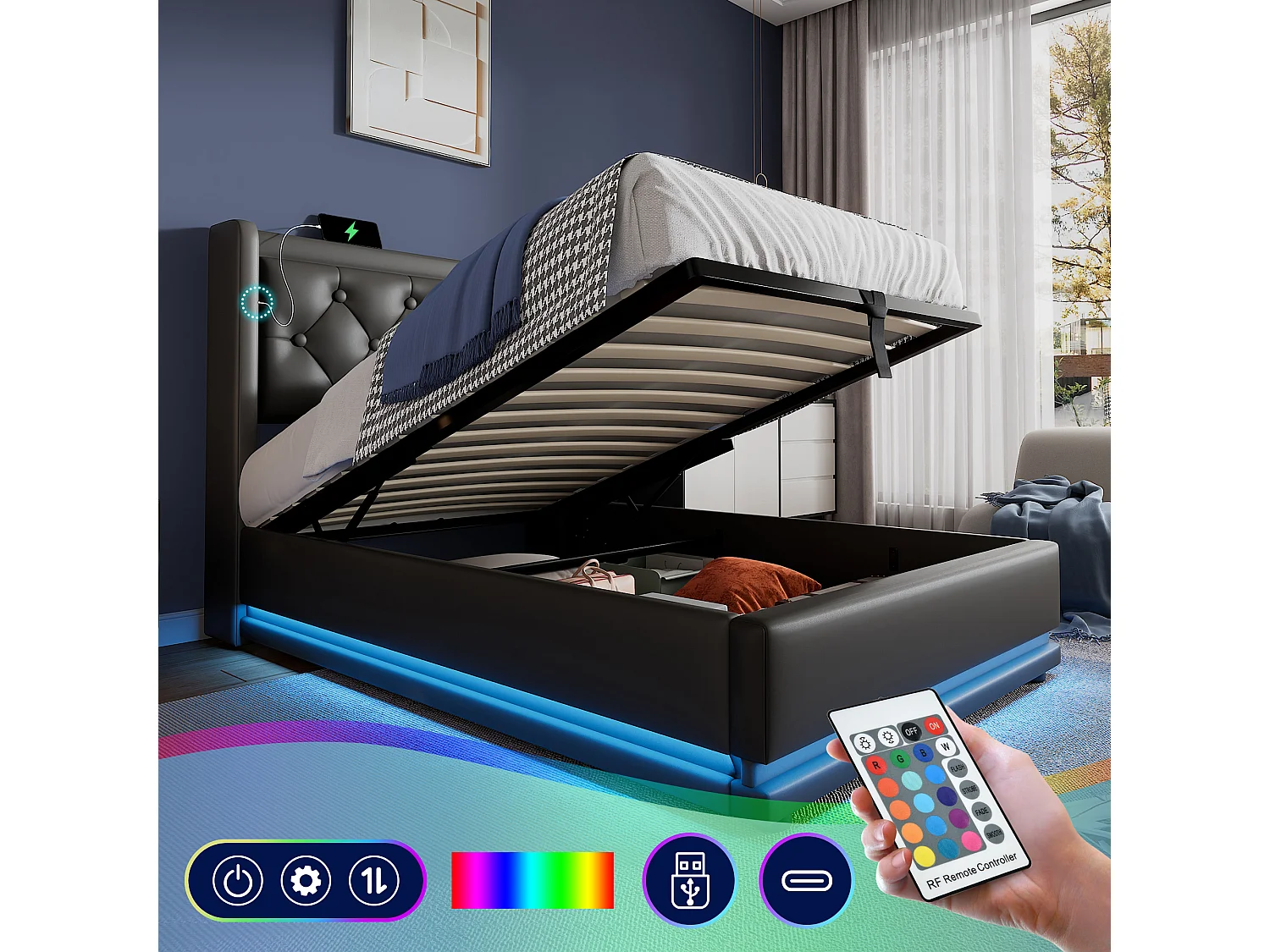 Bed met opbergruimte 90x200 cm - zwart PU - kinderbed met ledverlichting en USB-oplader - zonder matras