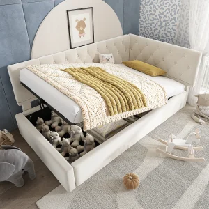 Bed met opbergruimte 90×200 cm – Fluwelen bed met houten lattenbodem – beige – zonder matras Bed met opbergruimte 90×200 cm – Fluwelen bed met houten lattenbodem – beige – zonder matras