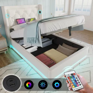 Bed met opbergruimte 90×200 cm – wit PU – kinderbed met ledverlichting en USB-oplader – zonder matras Bed met opbergruimte 90×200 cm – wit PU – kinderbed met ledverlichting en USB-oplader – zonder matras