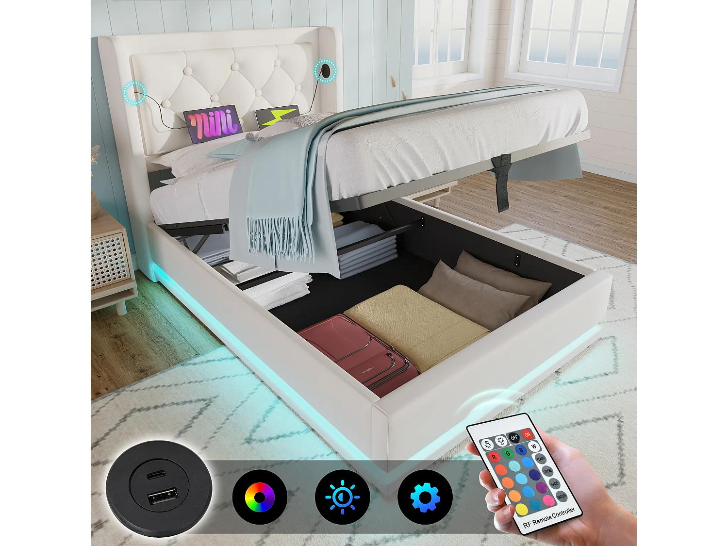 Bed met opbergruimte 90x200 cm - wit PU - kinderbed met ledverlichting en USB-oplader - zonder matras