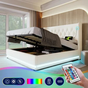 Bed met opbergruimte 140×200 cm – wit PU – bed voor volwassenen met ledverlichting en USB-oplader – zonder matras Bed met opbergruimte 140×200 cm – wit PU – bed voor volwassenen met ledverlichting en USB-oplader – zonder matras