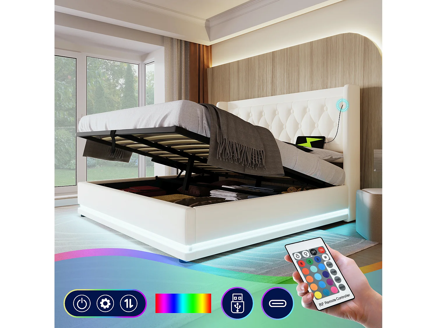 Bed met opbergruimte 140x200 cm - wit PU - bed voor volwassenen met ledverlichting en USB-oplader - zonder matras